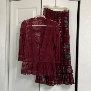 April Cornell burgundy maxi ruffle skirt set size XXS XS Small